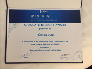 Zouさん E-MRS Spring Meeting Graduate Student Award 賞状