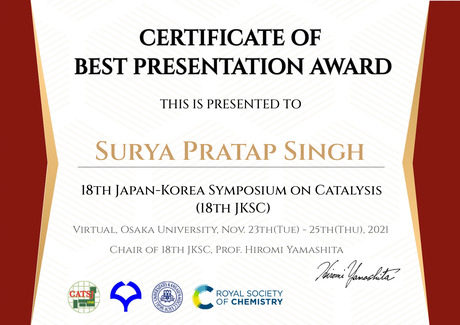 SINGH, Surya Pratapさん 第18回日韓触媒シンポジウム 賞状(Young Oral Presentation Award)